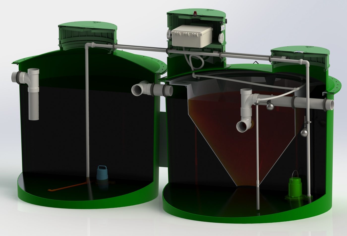 Sectioned view showing the pretreatment tank alongside the aerobic tank and clarifier cone