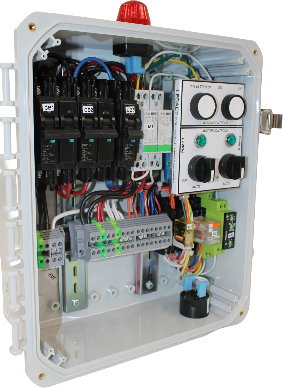 Legacy Controls UL-listed duplex control panel with the door open, showing breakers, contactors, terminal blocks and the operator interface