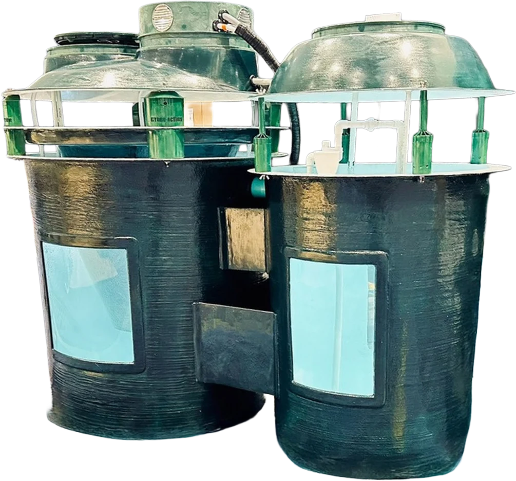 Demonstration treatment system with 3/8 inch acrylic windows cut into both tanks, showing the internals of a working unit