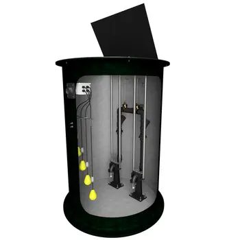 Prepackaged pump station, cutaway showing pumps, guide rails and float assembly