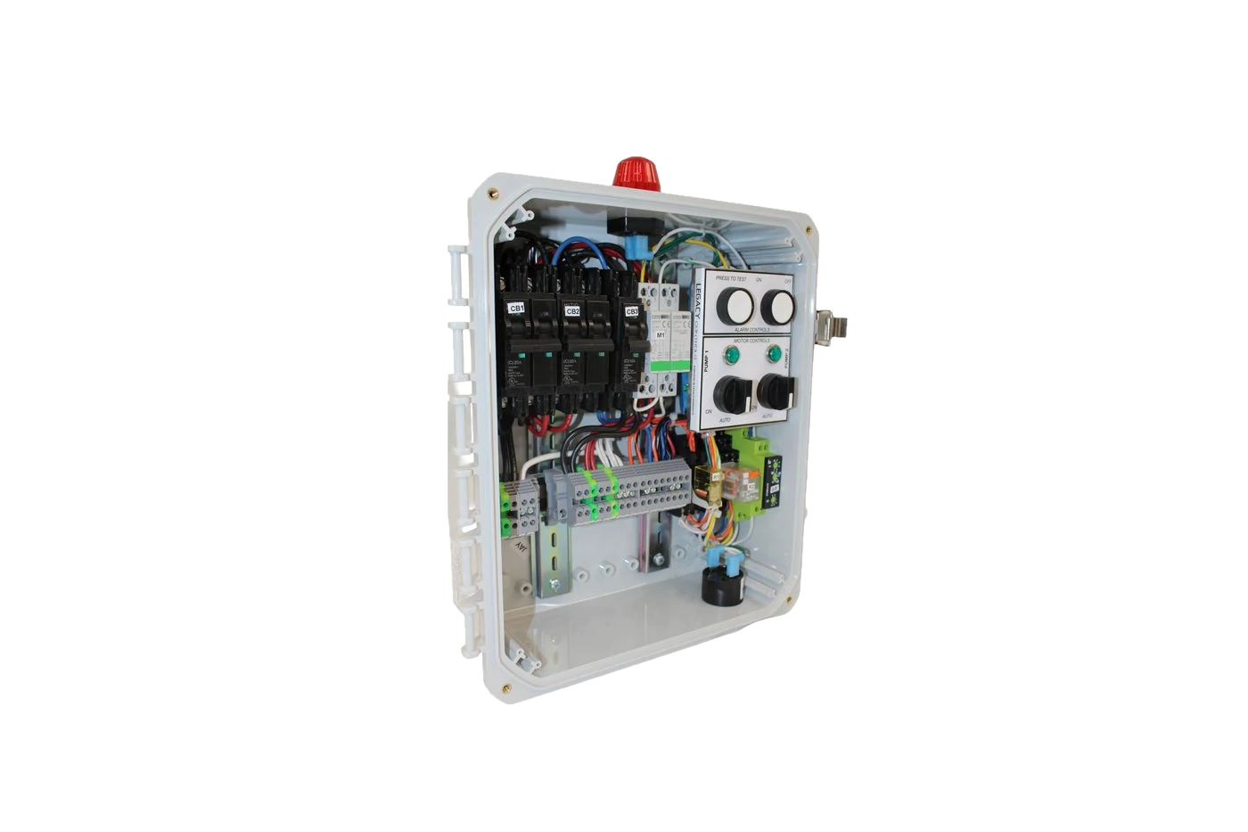 Legacy Controls UL-listed duplex control panel with the door open